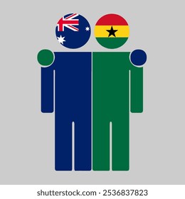 Flache Illustration von zwei menschlichen Figuren mit Australien- und Ghana-Flaggen als Köpfe. Minimalistisches Design, isolierter Hintergrund.