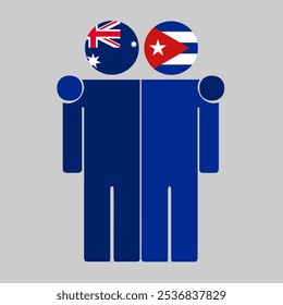 Flat illustration of two human figures with Australia and Cuba flags as heads. Minimalistic design, isolated background.