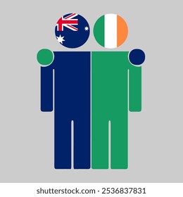 Flat illustration of two human figures with Australia and Ireland flags as heads. Minimalistic design, isolated background.