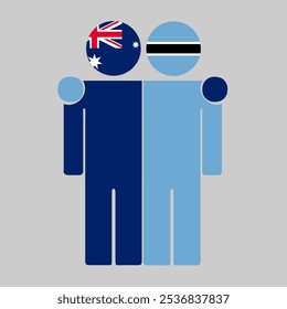 Flat illustration of two human figures with Australia and Botswana flags as heads. Minimalistic design, isolated background.