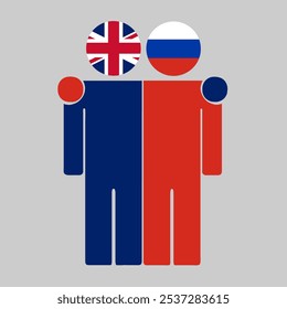 Flat illustration of two human figures with UK and Russia flags as heads. Minimalistic design, isolated background.