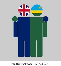 Flat illustration of two human figures with UK and Rwanda flags as heads. Minimalistic design, isolated background.