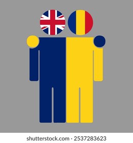 Flat illustration of two human figures with UK and Romania flags as heads. Minimalistic design, isolated background.