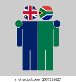 Flat illustration of two human figures with UK and South Africa flags as heads. Minimalistic design, isolated background.