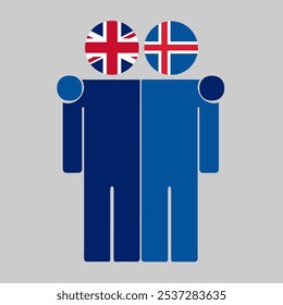 Flat illustration of two human figures with UK and Iceland flags as heads. Minimalistic design, isolated background.