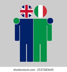 Flat illustration of two human figures with UK and Italy flags as heads. Minimalistic design, isolated background.