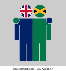 Flat illustration of two human figures with UK and Jamaica flags as heads. Minimalistic design, isolated background.