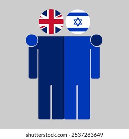 Flat illustration of two human figures with UK and Israel flags as heads. Minimalistic design, isolated background.