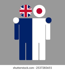 Flat illustration of two human figures with UK and Japan flags as heads. Minimalistic design, isolated background.