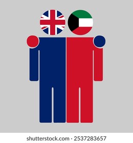 Flat illustration of two human figures with UK and Kuwait flags as heads. Minimalistic design, isolated background.