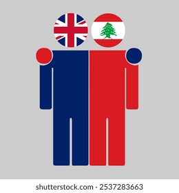 Flat illustration of two human figures with UK and Lebanon flags as heads. Minimalistic design, isolated background.