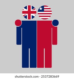 Ilustração plana de duas figuras humanas com bandeiras do Reino Unido e da Libéria como cabeças. Design minimalista, fundo isolado.