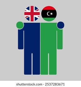 Flat illustration of two human figures with UK and Libya flags as heads. Minimalistic design, isolated background.