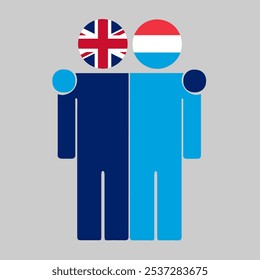 Flat illustration of two human figures with UK and Luxembourg flags as heads. Minimalistic design, isolated background.