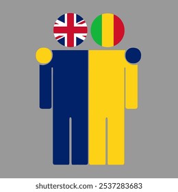 Flat illustration of two human figures with UK and Mali flags as heads. Minimalistic design, isolated background.