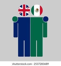 Flat illustration of two human figures with UK and Mexico flags as heads. Minimalistic design, isolated background.