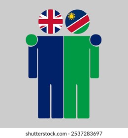 Ilustração plana de duas figuras humanas com bandeiras do Reino Unido e da Namíbia como cabeças. Design minimalista, fundo isolado.