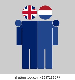 Flat illustration of two human figures with UK and Netherlands flags as heads. Minimalistic design, isolated background.