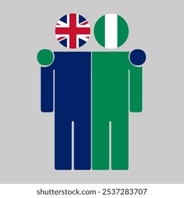 Flat illustration of two human figures with UK and Nigeria flags as heads. Minimalistic design, isolated background.