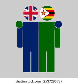 Flat illustration of two human figures with UK and Zimbabwe flags as heads. Minimalistic design, isolated background.