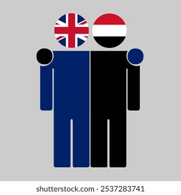 Flat illustration of two human figures with UK and Yemen flags as heads. Minimalistic design, isolated background.