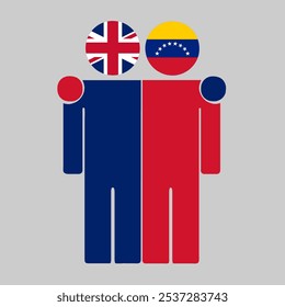 Flat illustration of two human figures with UK and Venezuela flags as heads. Minimalistic design, isolated background.