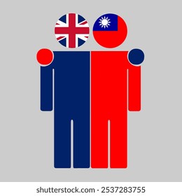 Flat illustration of two human figures with UK and Taiwan flags as heads. Minimalistic design, isolated background.