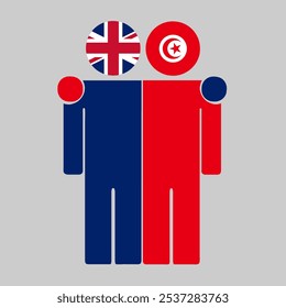 Flat illustration of two human figures with UK and Tunisia flags as heads. Minimalistic design, isolated background.