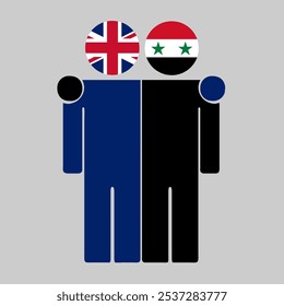 Flat illustration of two human figures with UK and Syria flags as heads. Minimalistic design, isolated background.