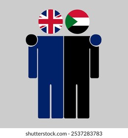 Flat illustration of two human figures with UK and Sudan flags as heads. Minimalistic design, isolated background.