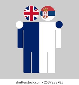 Flat illustration of two human figures with UK and Serbia flags as heads. Minimalistic design, isolated background.