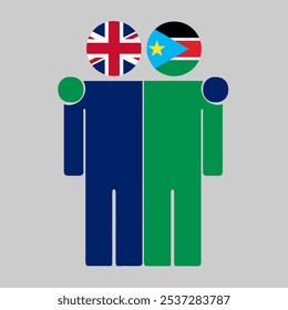 Flat illustration of two human figures with UK and South Sudan flags as heads. Minimalistic design, isolated background.