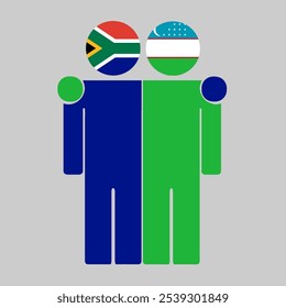 Flat illustration of two human figures with South Africa and Uzbekistan flags as heads. Minimalistic design, isolated background.