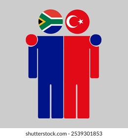 Flat illustration of two human figures with South Africa and Turkey flags as heads. Minimalistic design, isolated background.