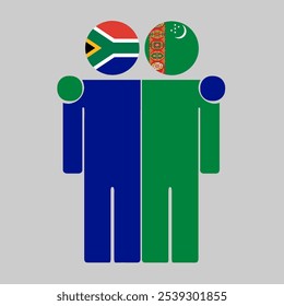 Flat illustration of two human figures with South Africa and Turkmenistan flags as heads. Minimalistic design, isolated background.