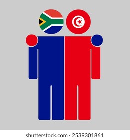 Flat illustration of two human figures with South Africa and Tunisia flags as heads. Minimalistic design, isolated background.
