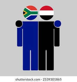 Ilustração plana de duas figuras humanas com a África do Sul e as bandeiras do Iêmen como cabeças. Design minimalista, fundo isolado.