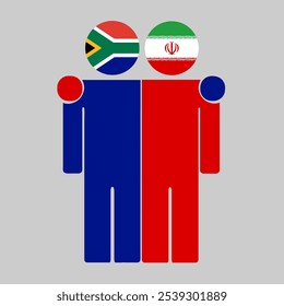 Flat illustration of two human figures with South Africa and Iran flags as heads. Minimalistic design, isolated background.