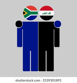 Flat illustration of two human figures with South Africa and Iraq flags as heads. Minimalistic design, isolated background.