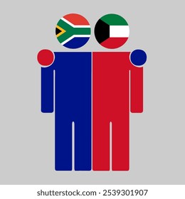 Flat illustration of two human figures with South Africa and Kuwait flags as heads. Minimalistic design, isolated background.