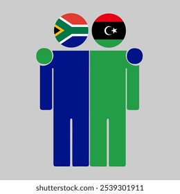 Flat illustration of two human figures with South Africa and Libya flags as heads. Minimalistic design, isolated background.