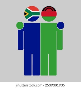 Flat illustration of two human figures with South Africa and Malawi flags as heads. Minimalistic design, isolated background.