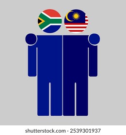 Flat illustration of two human figures with South Africa and Malaysia flags as heads. Minimalistic design, isolated background.