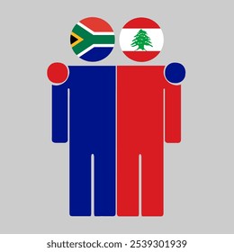 Flat illustration of two human figures with South Africa and Lebanon flags as heads. Minimalistic design, isolated background.