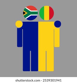 Flat illustration of two human figures with South Africa and Mali flags as heads. Minimalistic design, isolated background.