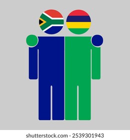 Flat illustration of two human figures with South Africa and Mauritius flags as heads. Minimalistic design, isolated background.