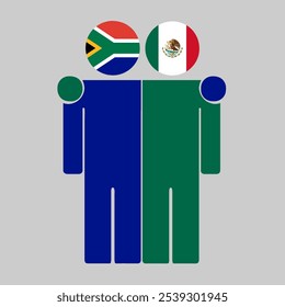 Flat illustration of two human figures with South Africa and Mexico flags as heads. Minimalistic design, isolated background.