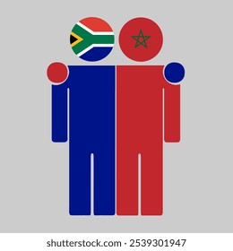 Flat illustration of two human figures with South Africa and Morocco flags as heads. Minimalistic design, isolated background.