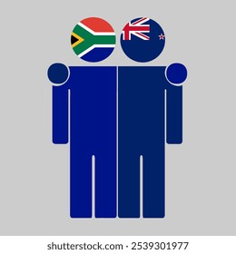 Flat illustration of two human figures with South Africa and New Zealand flags as heads. Minimalistic design, isolated background.