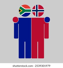 Ilustración plana de dos figuras humanas con banderas de Sudáfrica y Noruega como cabezas. Diseño minimalista, fondo aislado.